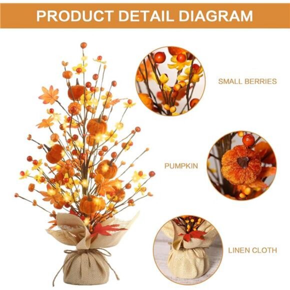 Fall Decor, 18 Inch Artificial Red Berry Maple Leaf Pumpkin Tree Tabletop - Picture 4 of 7